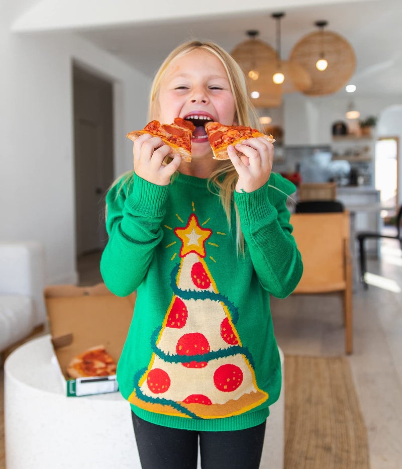 Tipsy Elves Christmas Sweaters for Kids - Children's Cute and Tacky Ugly Pullovers for Boys and Girls Youth Holiday Knitwear - Youth Green Pizza Tree Christmas Sweater Size Small - Image 5